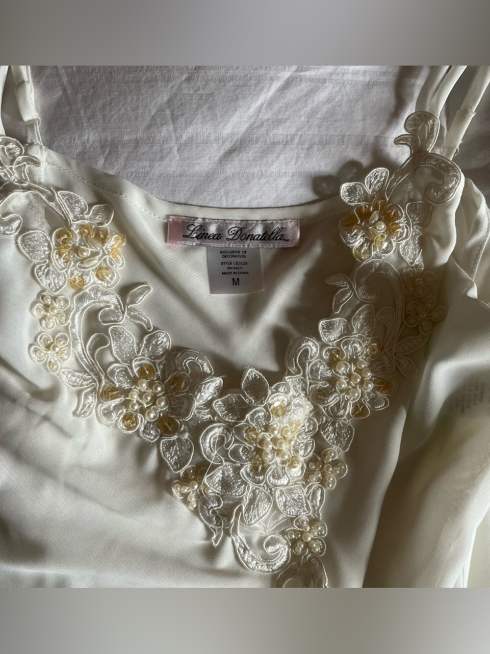 Vintage Linea Donatella Ivory V-Neck Embroidered Pearl Bridal Slip
